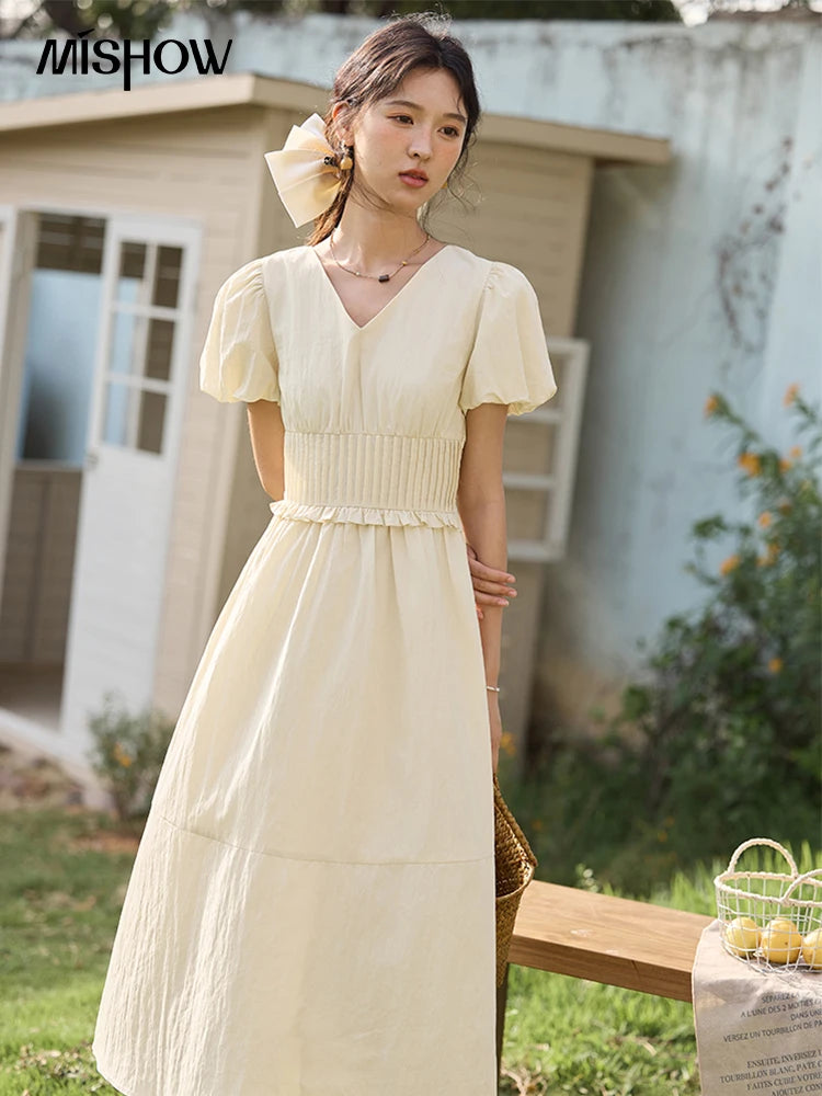 Mishow French Puff Sleeve V-Neck Cotton Dress MXE34L2288