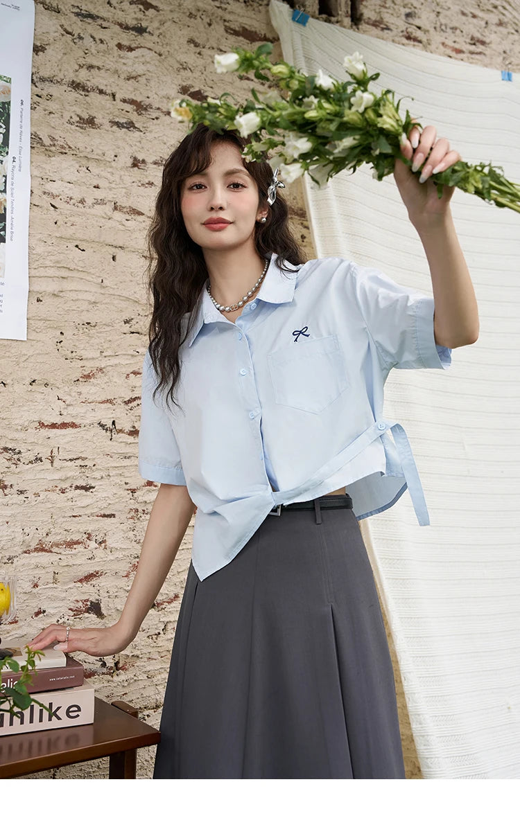 MISHOW Same Color Bow Embroidered Shirt Asymmetric Hem MXD23C0257