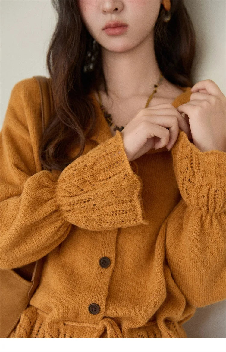 Mishow Orange Openwork Crochet Flared Sleeve Cardigan MXE87Z2685