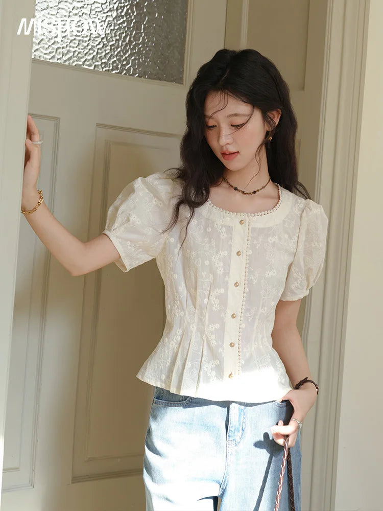 MISHOW Embroidery Cotton Shirt Puff Sleeve Button MXE39X1979
