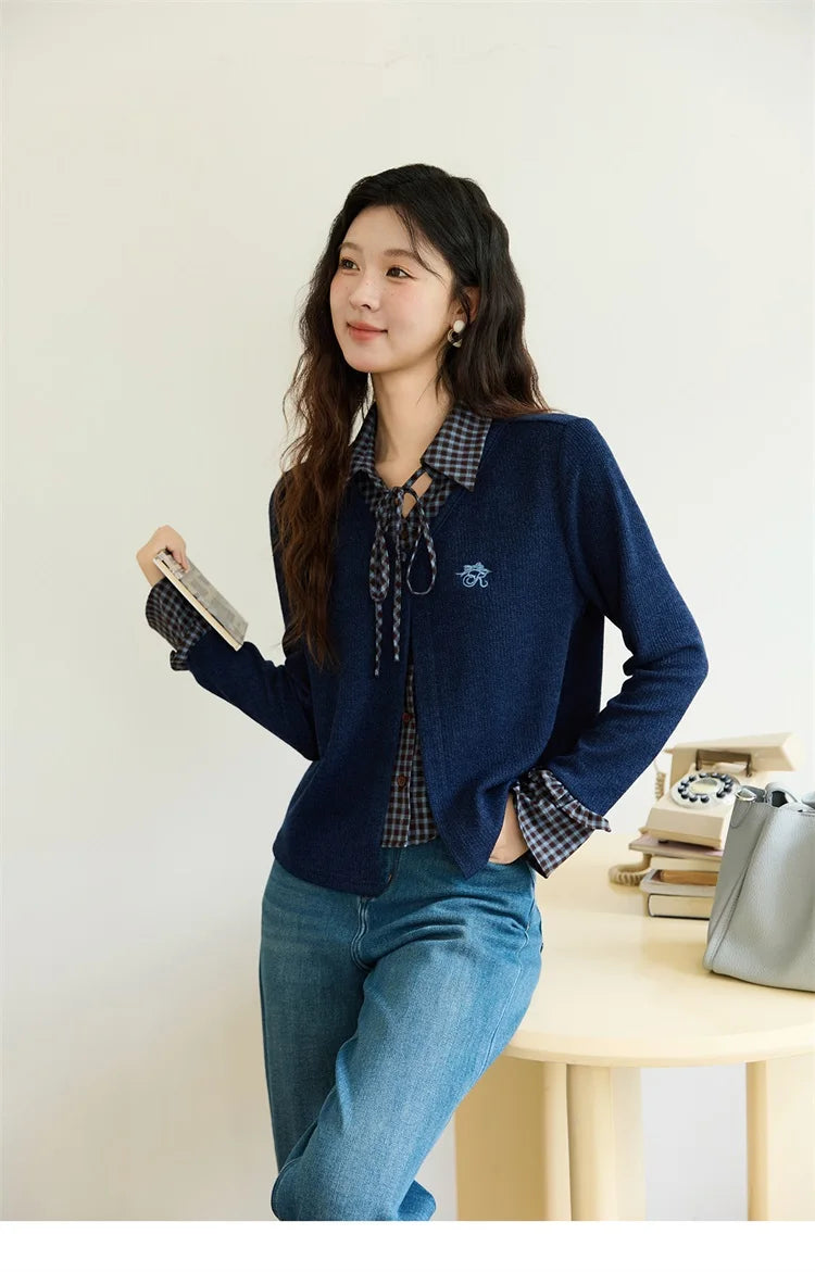 MISHOW Fake Two Knitted Sweater Plaid Splicing Flare Sleeve MXE45Z1401
