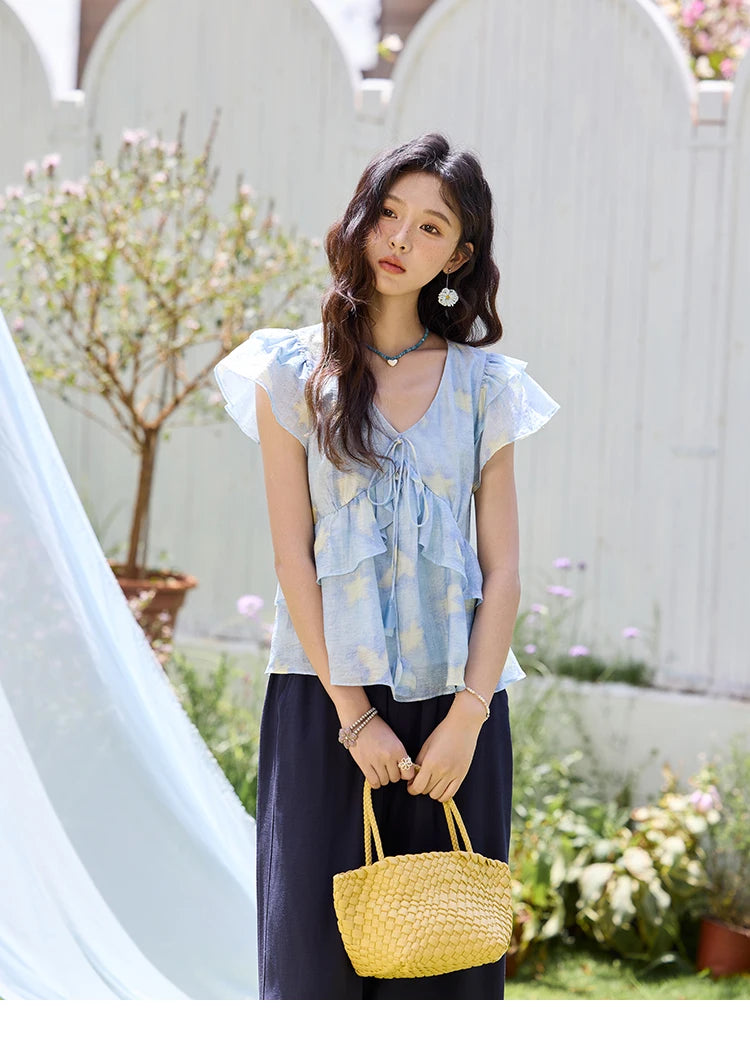 MISHOW Women's Blue Double-Layer Ruffled Linen V-Neck Blouse MXE33X1819