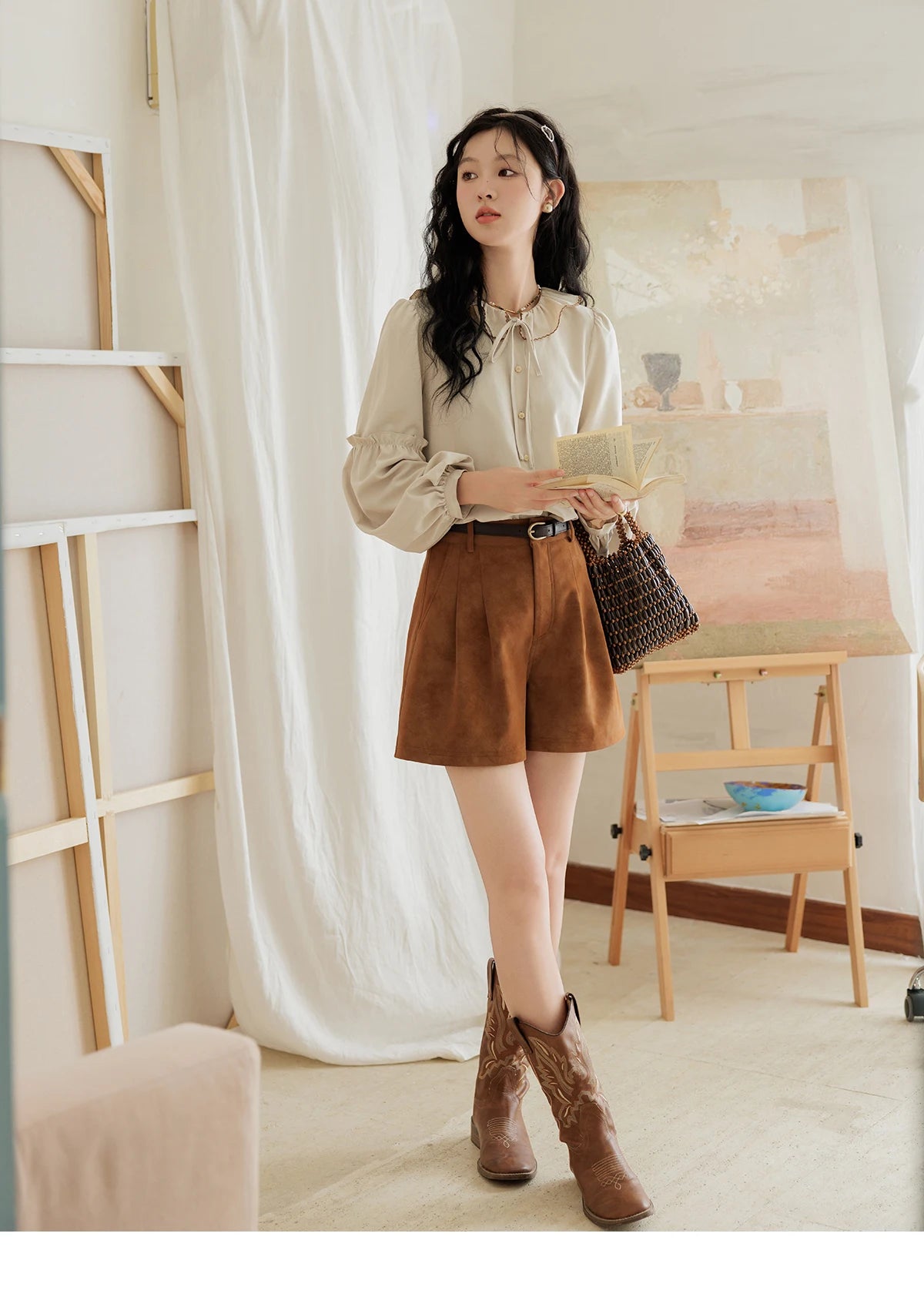 Mishow Suede High Waist A-Line Wide Leg Shorts with Pockets MXD44K0753