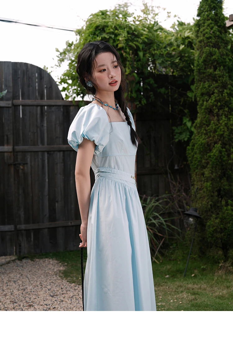 Mishow Square Neck Puff Sleeve Double Belt Dress MXE34L2222