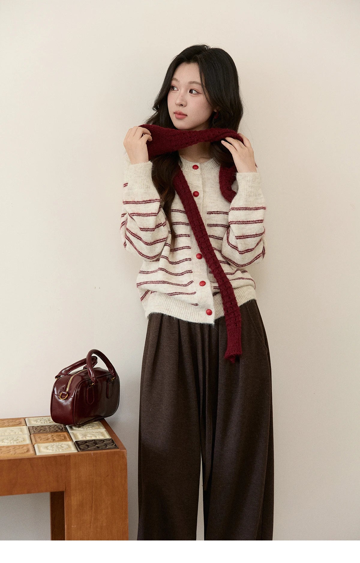 Mishow Beige Striped Red Scarf Button Cardigan MXE93Z2948