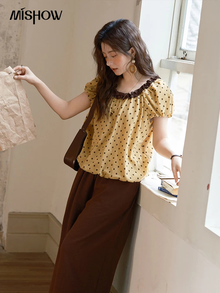 Mishow Polka Dot Puff Sleeve Top & Wide Leg Pants Set MXE39T0657