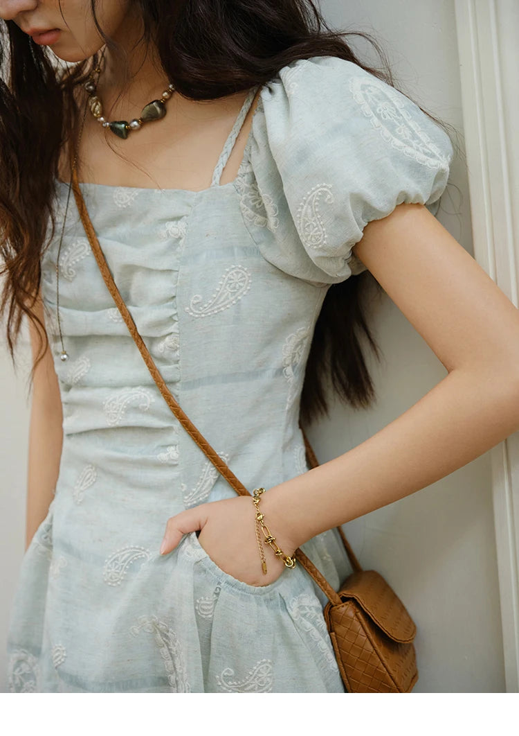 Mishow Paisley Embroidery Square Neck Puff Sleeve Dress MXE34L2265