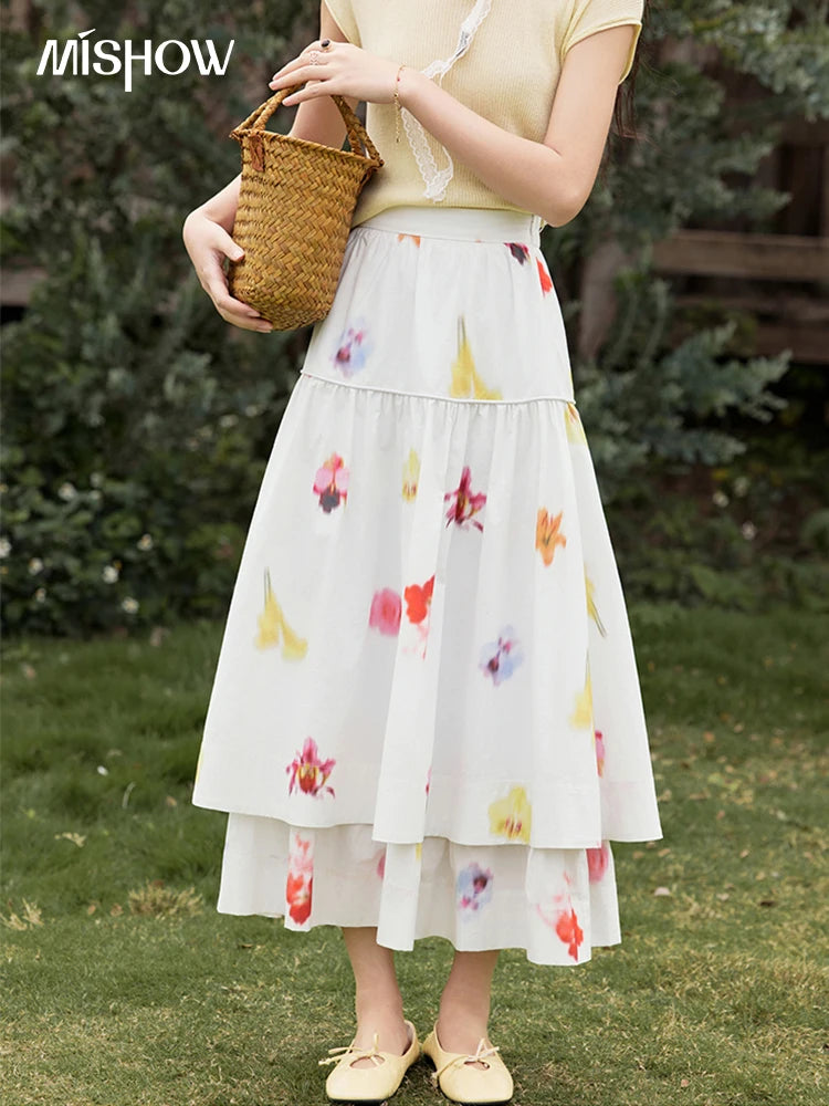 MISHOW White Background Flower Cotton Skirt High Waist A-LINE MXE32B0720