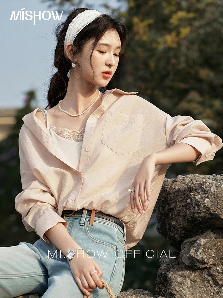 MISHOW Fake Two-Piece Blouse Turn-Down Collar Long Sleeve MXE16C0777