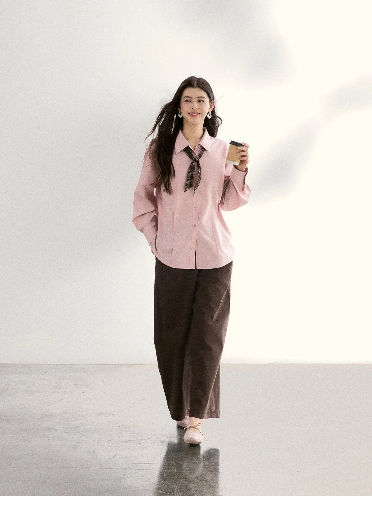MISHOW Casual Loose Shirt with Plaid Scarf Lapel Top MXF108C0815