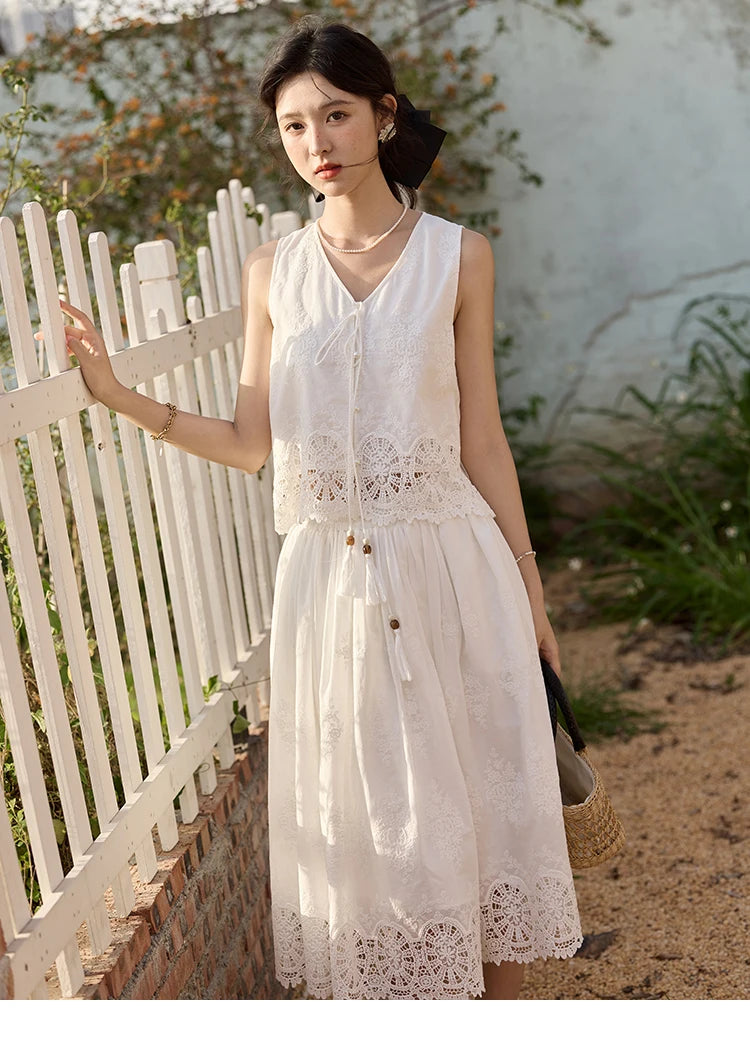 Mishow Embroidery V-Neck Lace Up Top & Elastic Waist Skirt Set MXE33T0593