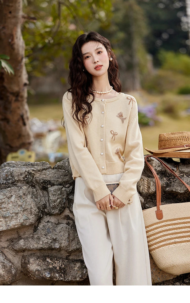 Mishow Yellow Dog Bow Jacquard Pearl Button Sweater MXE13Z1197