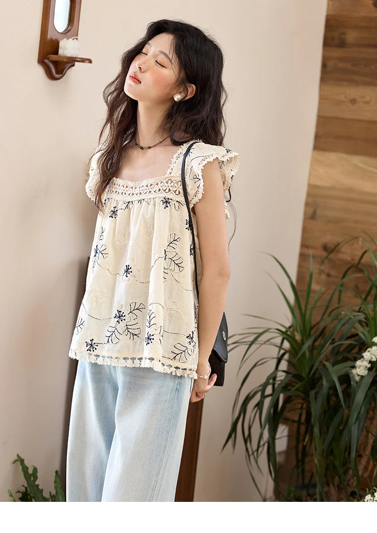 MISHOW Square Collar Embroidered Doll Blouse Flying Sleeve Lace Tassel MXE35X1839