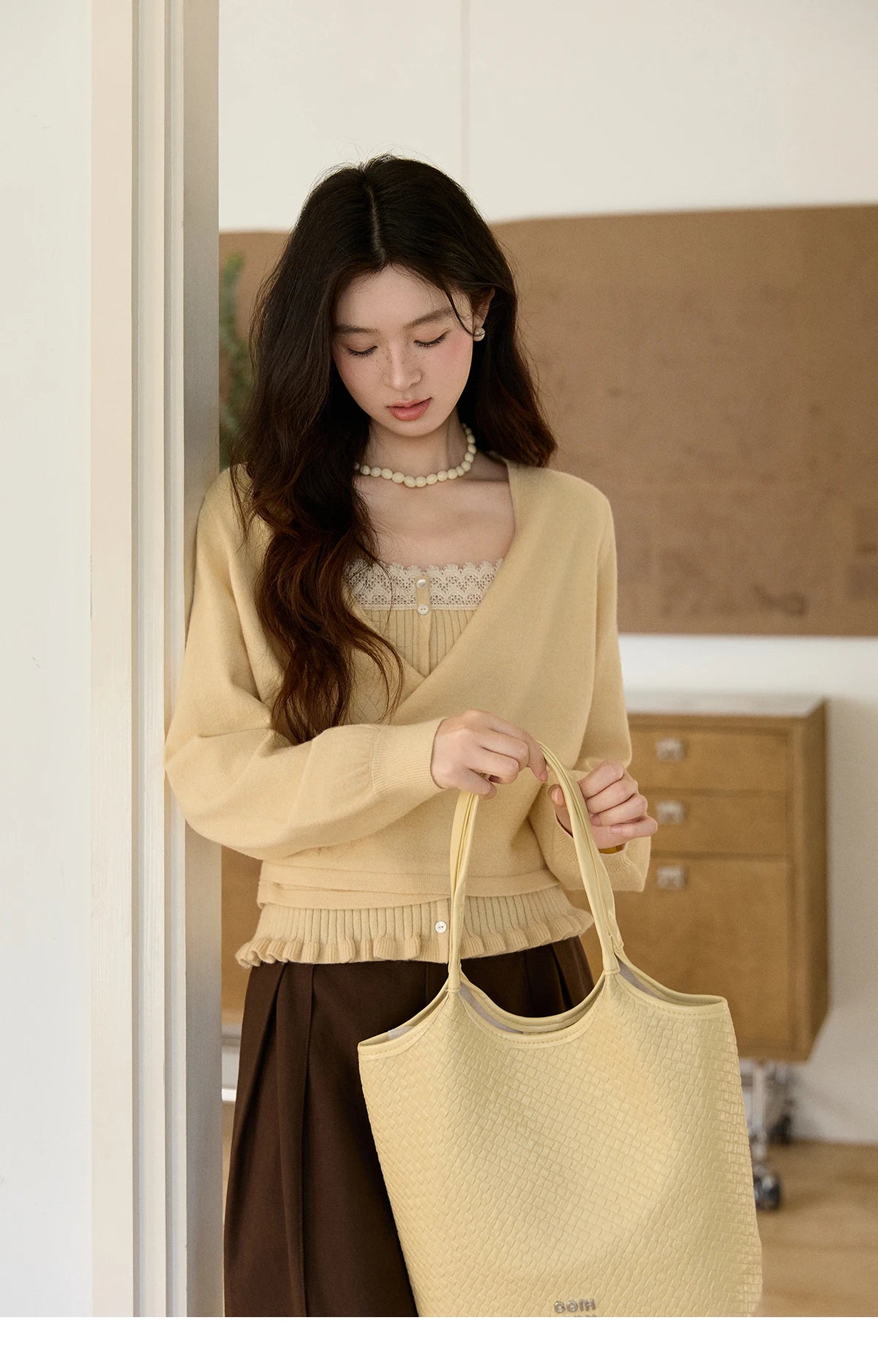 Mishow Yellow Ruffled Camisole & Lace Cardigan Set MXF11T1472