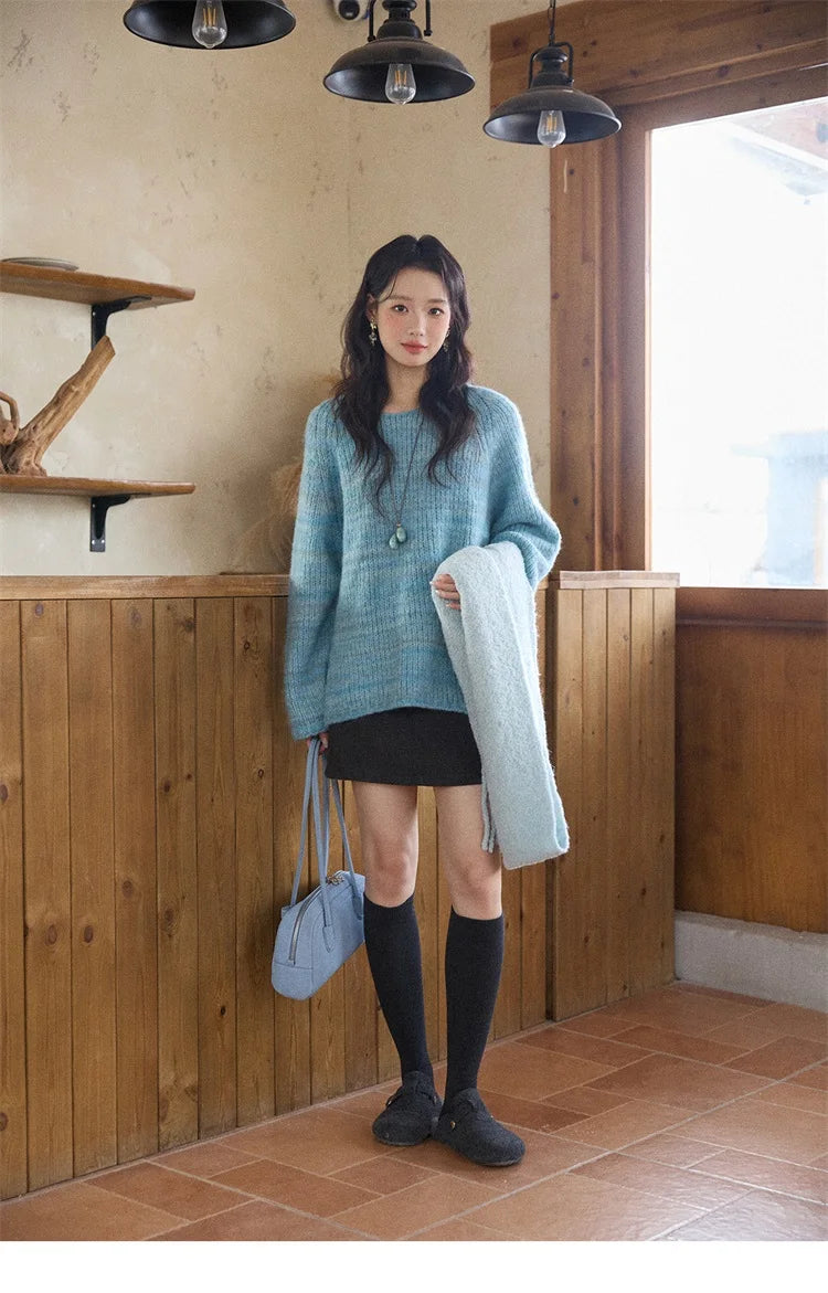 Mishow Blue Loose Crew Neck Long Sleeve Pullover MXE86Z2733
