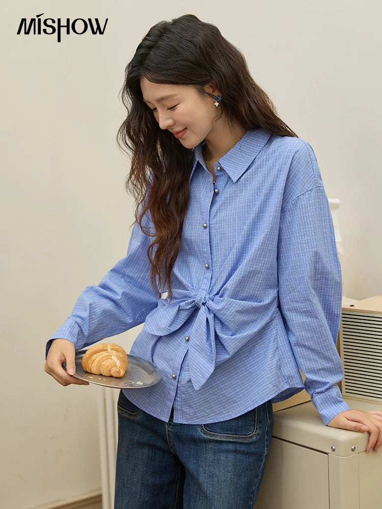 MISHOW Blue Plaid Cotton Shirt Bow Tie Waist Dropped Sleeve MXE44C2395