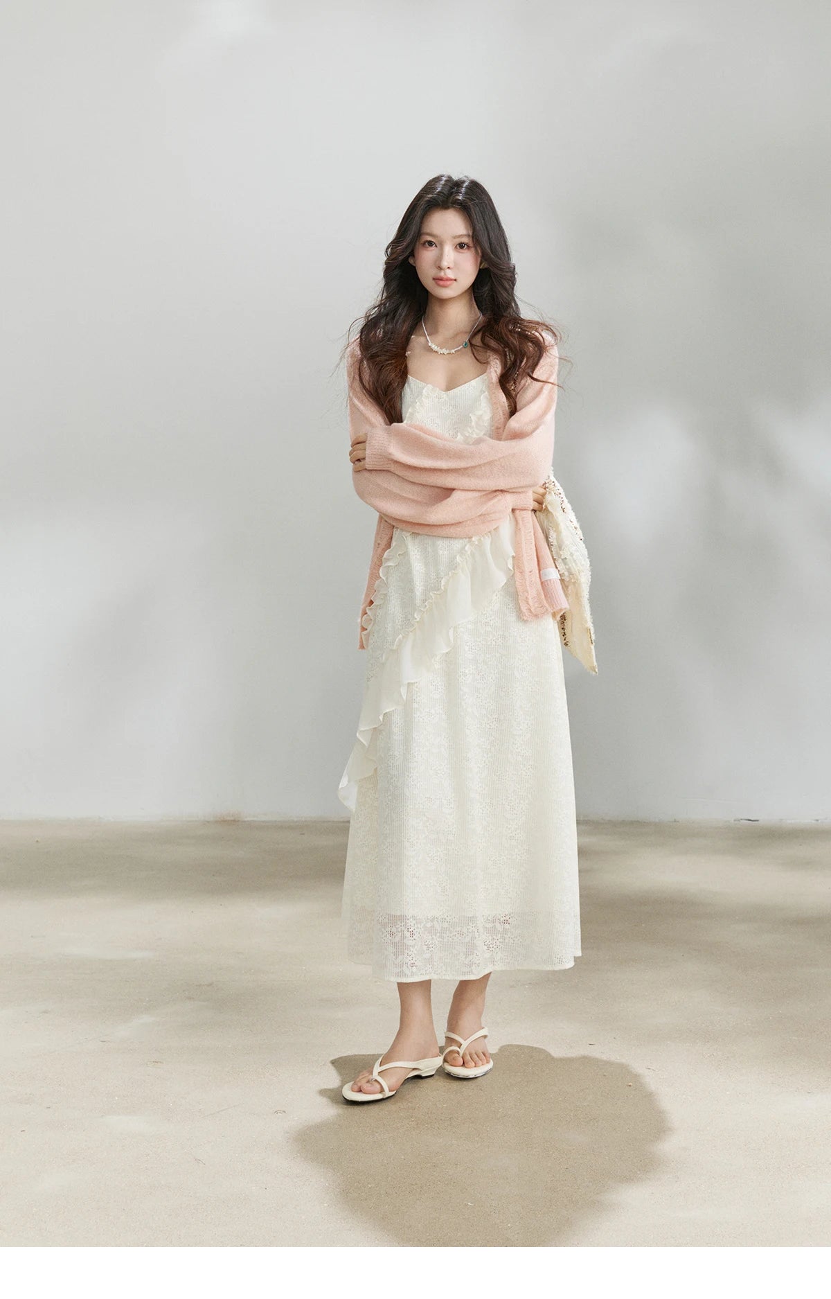 Mishow Cream Irregular Lace Ruffled Slip Dress MXF108L1005