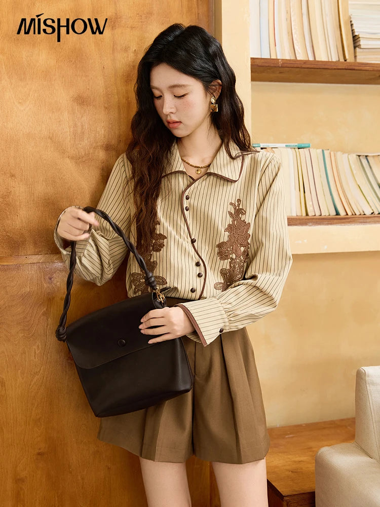 MISHOW Khaki Brushed Striped Shirt Lace Embroidered Asymmetric Placket MXE45C2402