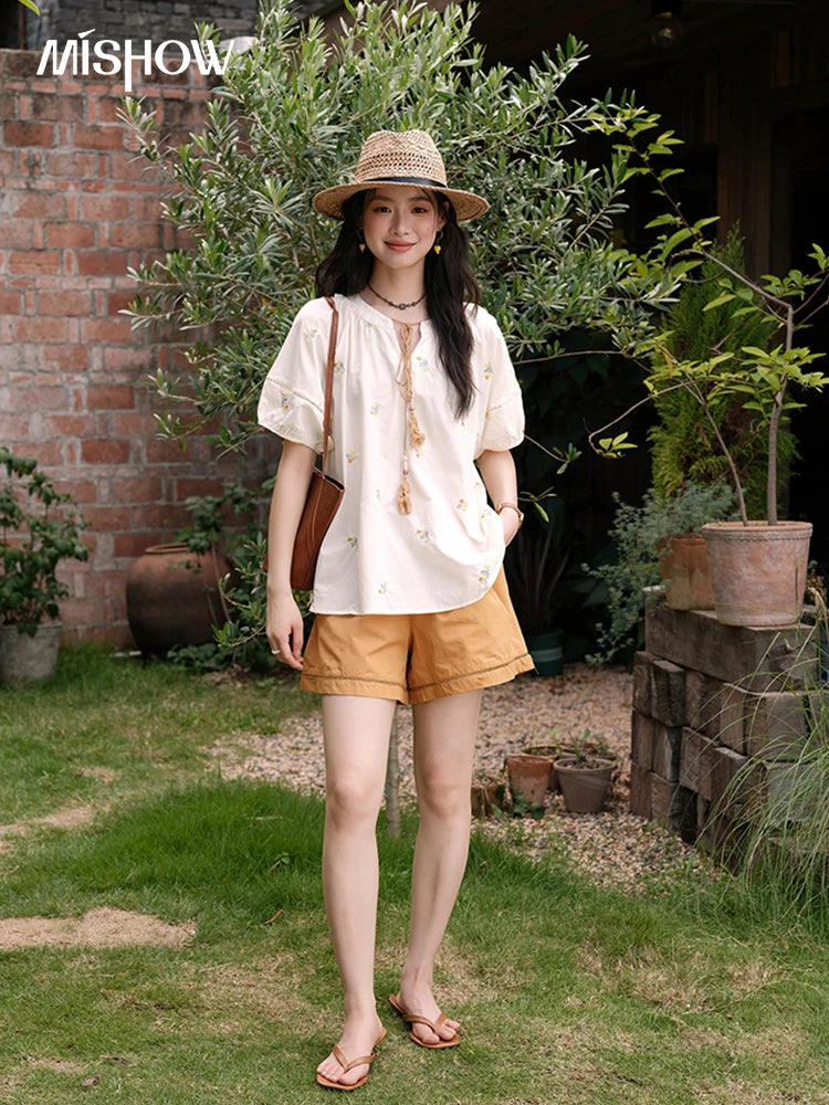 Mishow Puff Sleeve Lace-Up Top & Elastic Waist Shorts Set MXE38T0684
