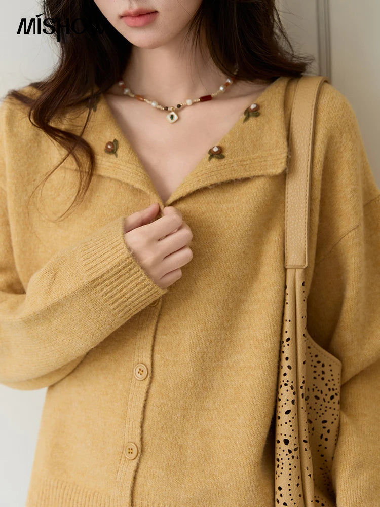 Mishow Yellow Handmade Flower Turn-Down Collar Cardigan MXE47Z2591