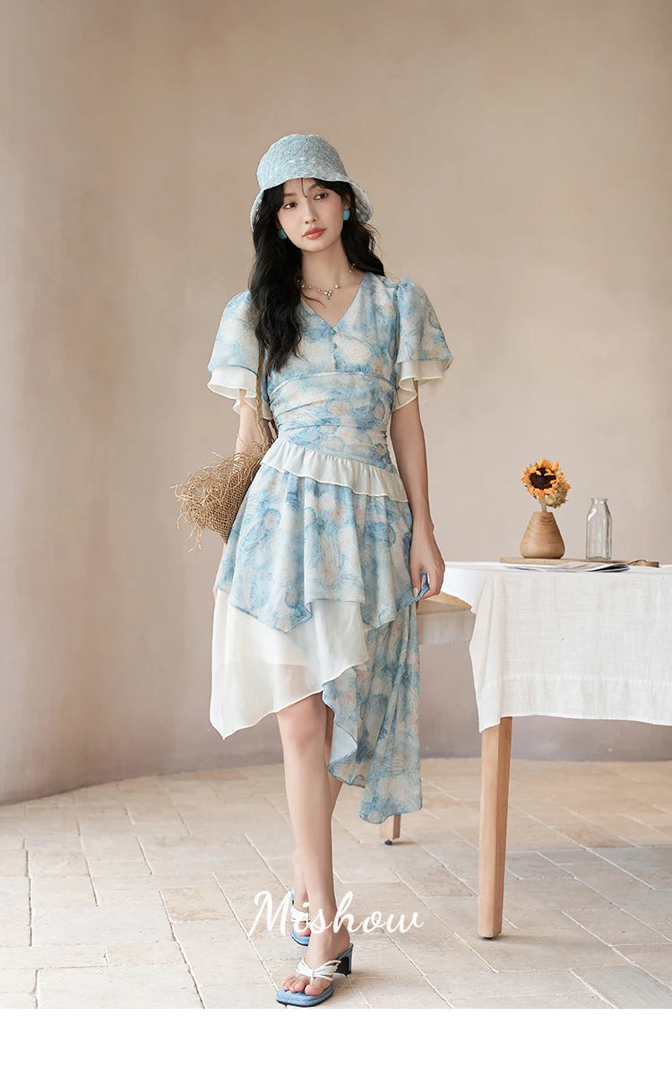 Mishow Van Gogh Double Layer Sleeve Asymmetrical Dress MXC39L1527