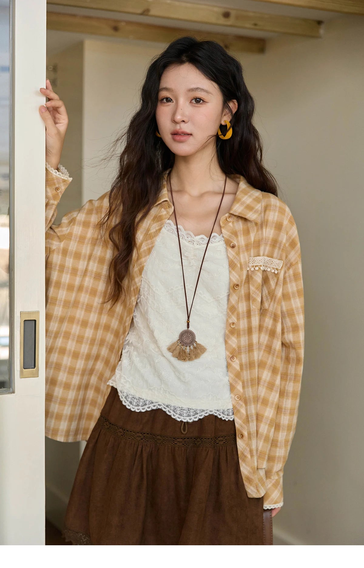 MISHOW Retro Plaid Shirt Lace Pocket Lapel Collar MXE43C2378