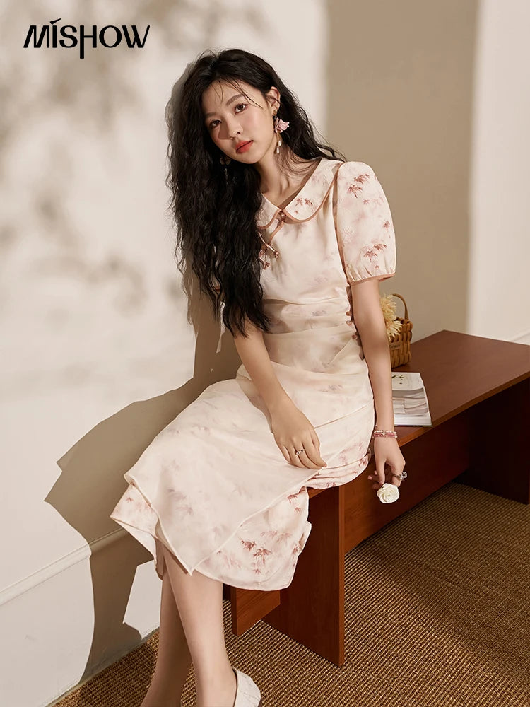 Mishow Chinese Doll Collar Pink Bamboo Print Dress MXD22L1829