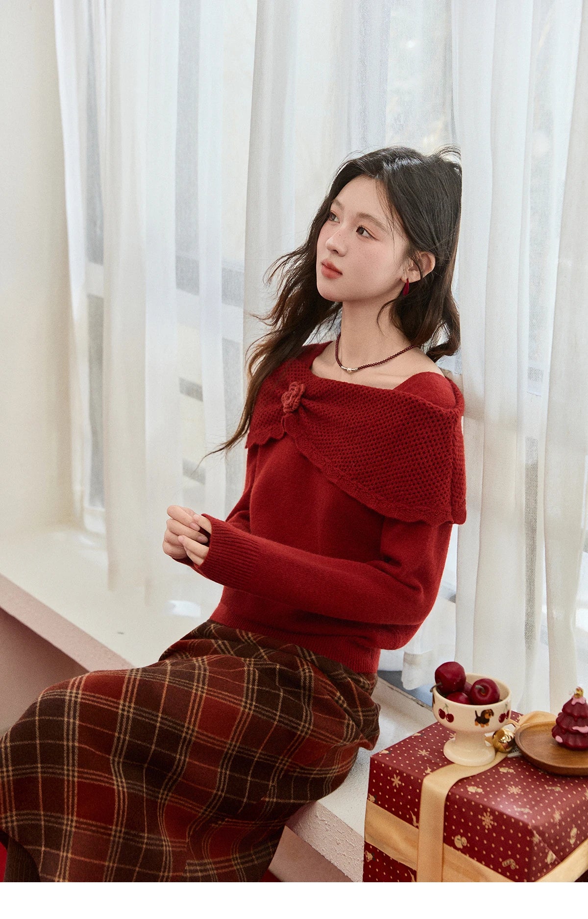 Mishow Christmas Red 3D Flower Alpaca Sweater MXE94Z2889