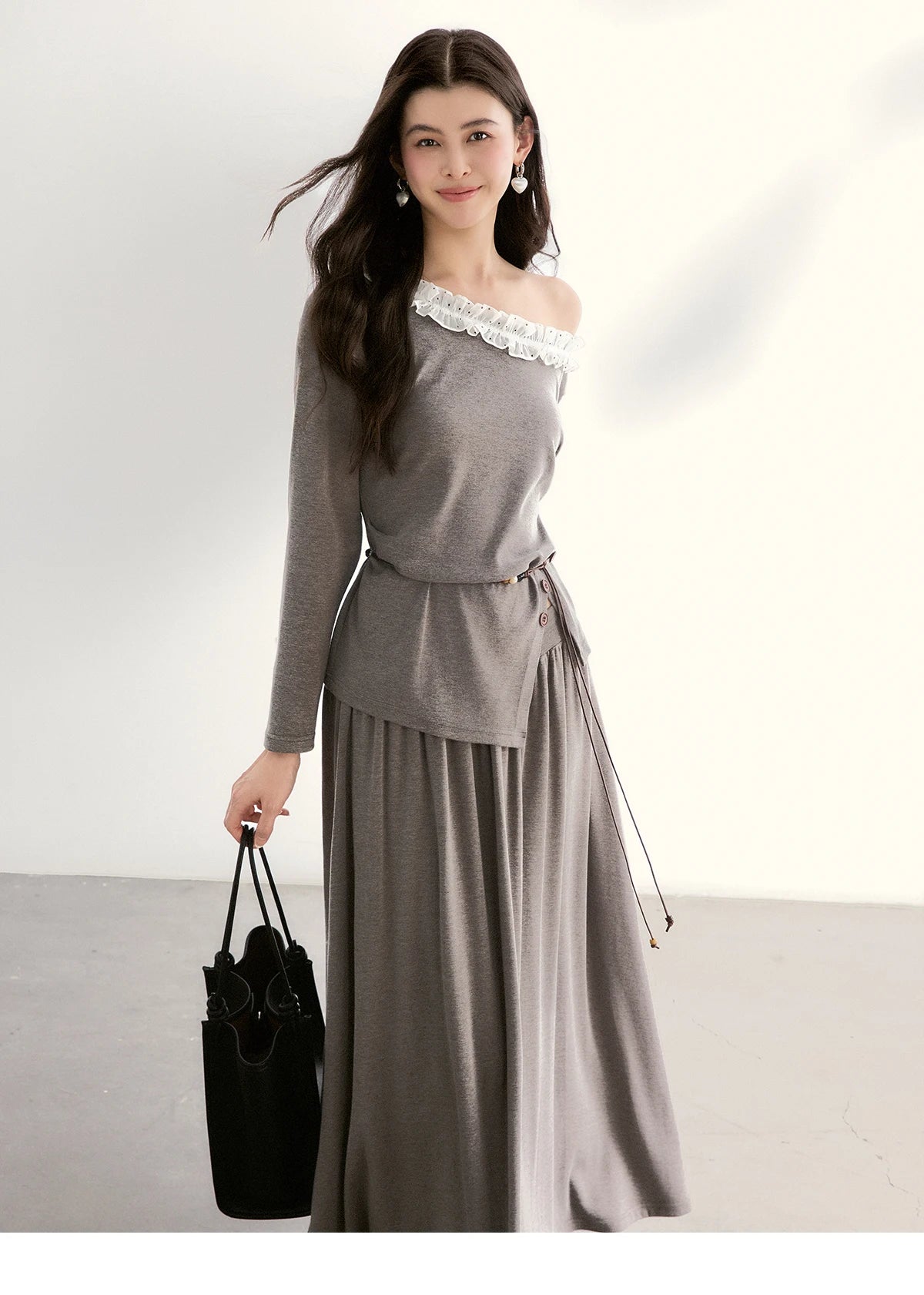 Mishow Grey Off-Shoulder Lace Trim Top & Maxi Skirt Set MXF13T1479