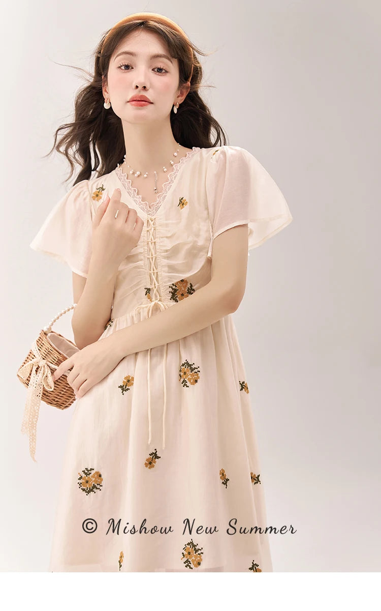 Mishow Van Gogh Sunflower Embroidered Butterfly Sleeve Dress MXC39L1524