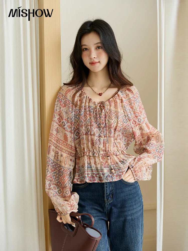 MISHOW National Style Printed Blouse Round Neck Drop Sleeve MXE47X2508