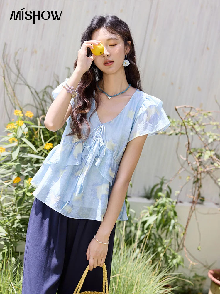 MISHOW Women's Blue Double-Layer Ruffled Linen V-Neck Blouse MXE33X1819