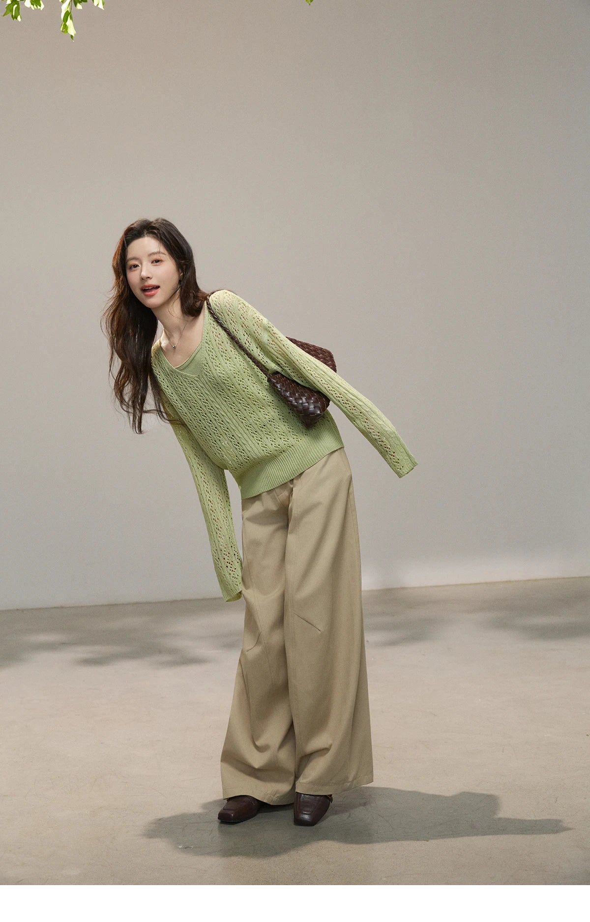 Mishow Green Hollow Cable Knit Top & Camisole Set MXF16T1524