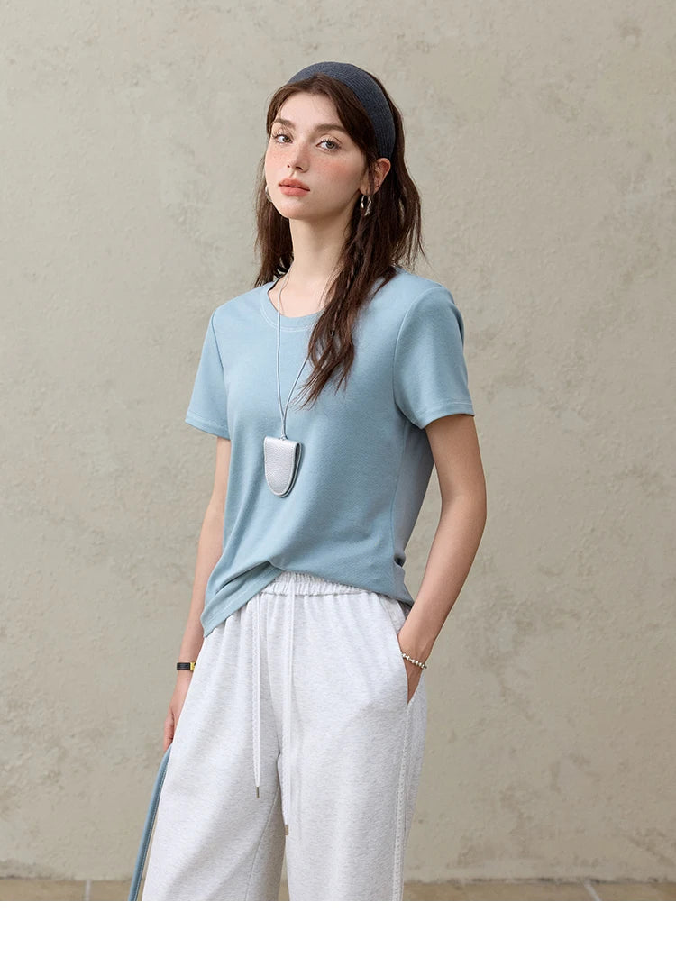 Mishow Solid Straight Shoulder Lace Trim Tee MXE31T0532