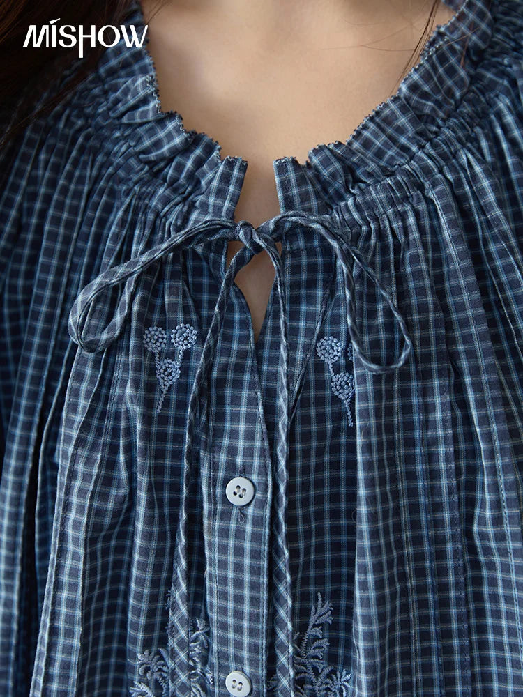 MISHOW Blue Plaid Embroidered Shirt Black Fungus Edge Collar MXE44X2467