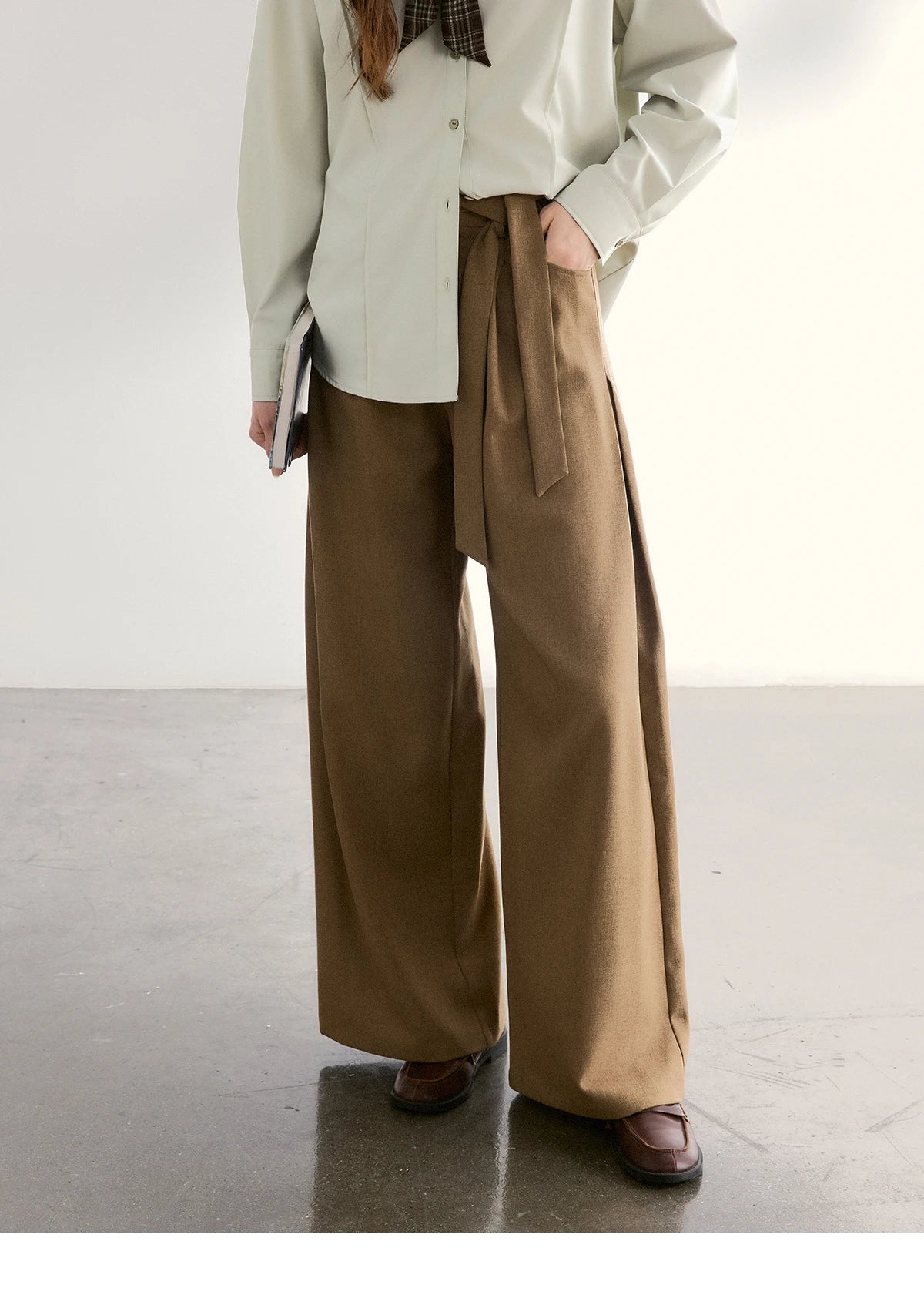 MISHOW Brown Wide Leg Pants Strap Design High Waist Elastic MXF11K1134