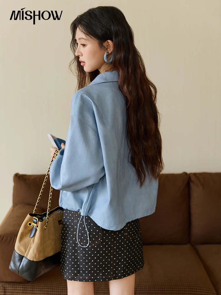 MISHOW Blue Short Jacket Hip-Hop Style Loose Zipper Pu Leather MXE45W0822