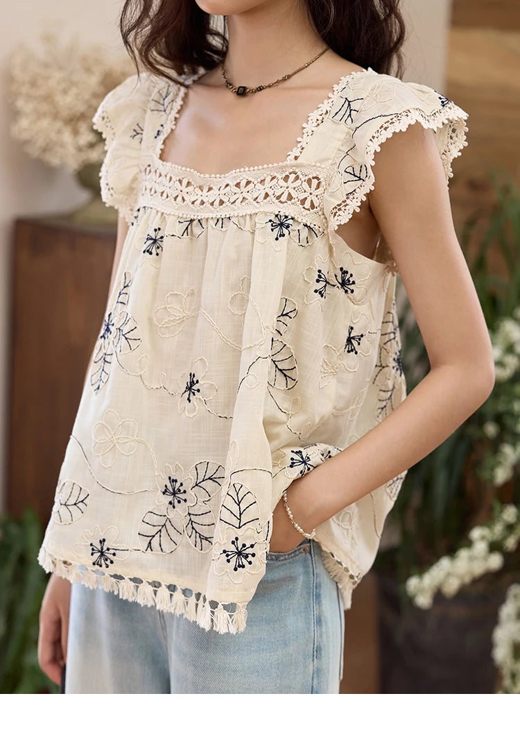 MISHOW Square Collar Embroidered Doll Blouse Flying Sleeve Lace Tassel MXE35X1839