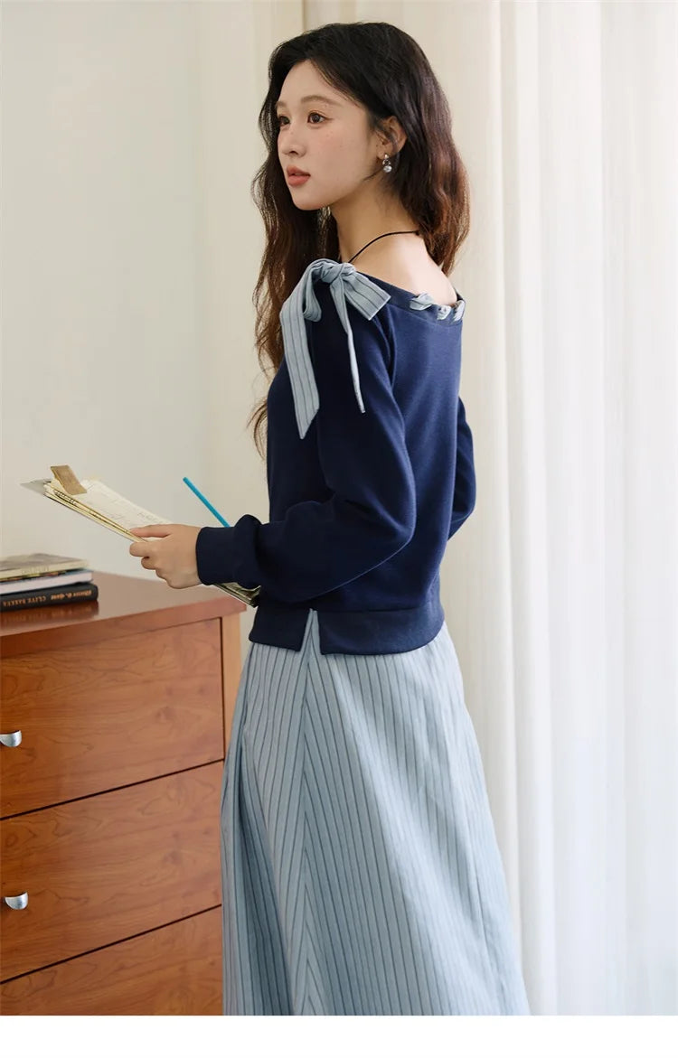 Mishow Blue Navy Slash Neck Contrast Lace Dress MXE45L2516