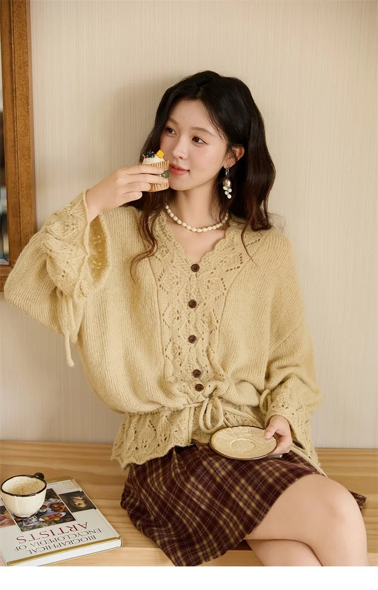 Mishow Hollow Knit V-Neck Flared Sleeve Cardigan MXE47Z2513
