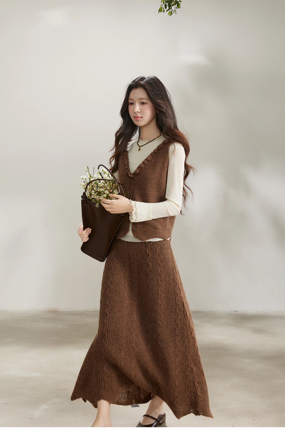 Mishow Brown Knitted Vest & Cable Knit Maxi Skirt Set MXF11T1460