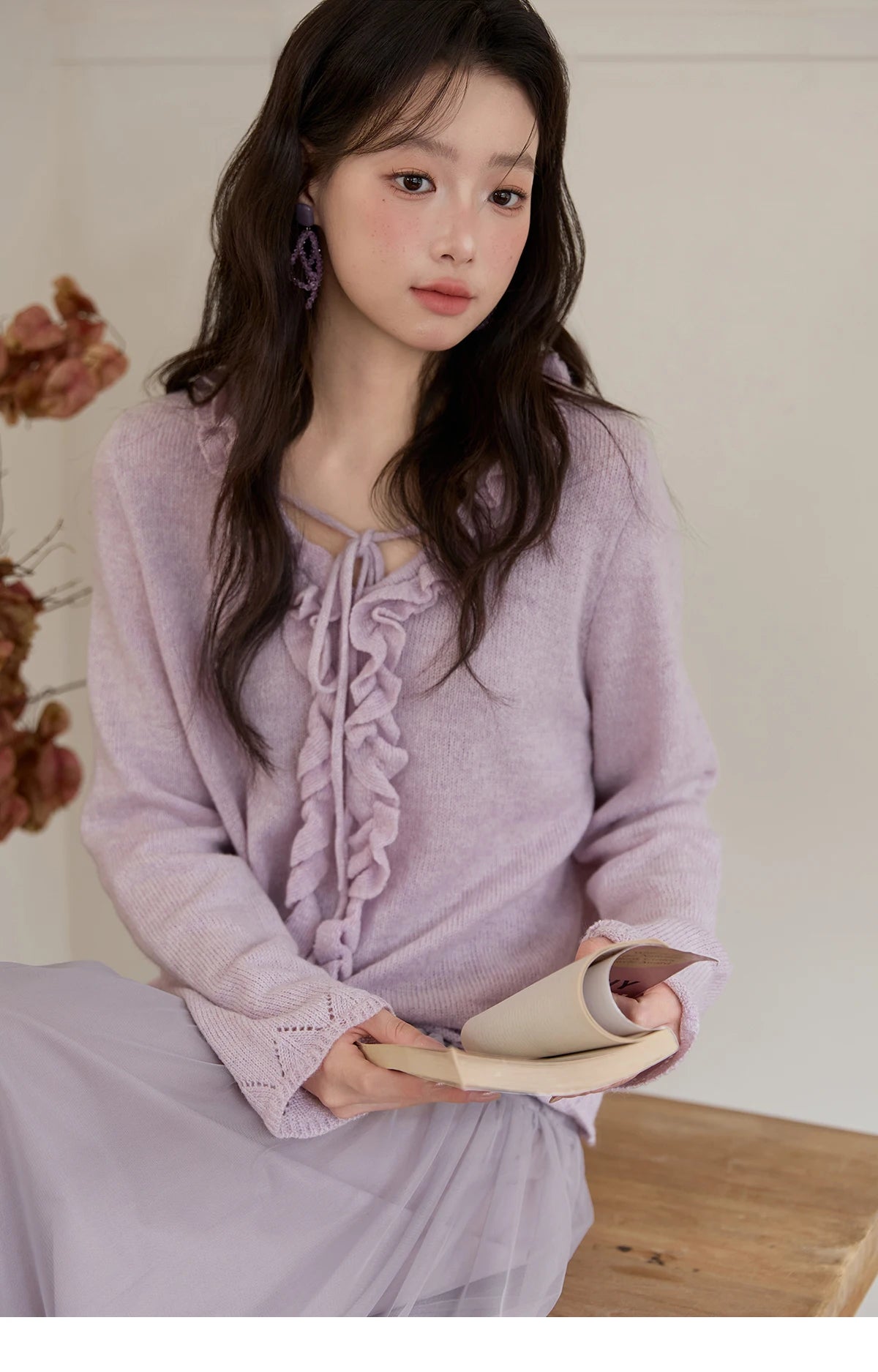 Mishow Beige V-Neck Wood Ear Hollow Sweater MXE51Z2595