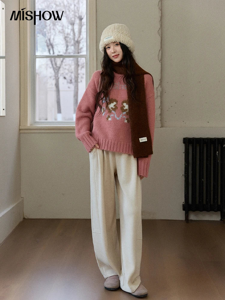 Mishow Pink Jacquard Crew Neck Pullover MXE91Z2831