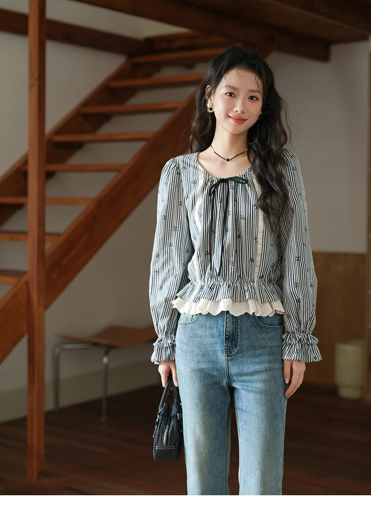 MISHOW Black Striped Blouse Lace-Up Bow Round Collar MXE41X1948