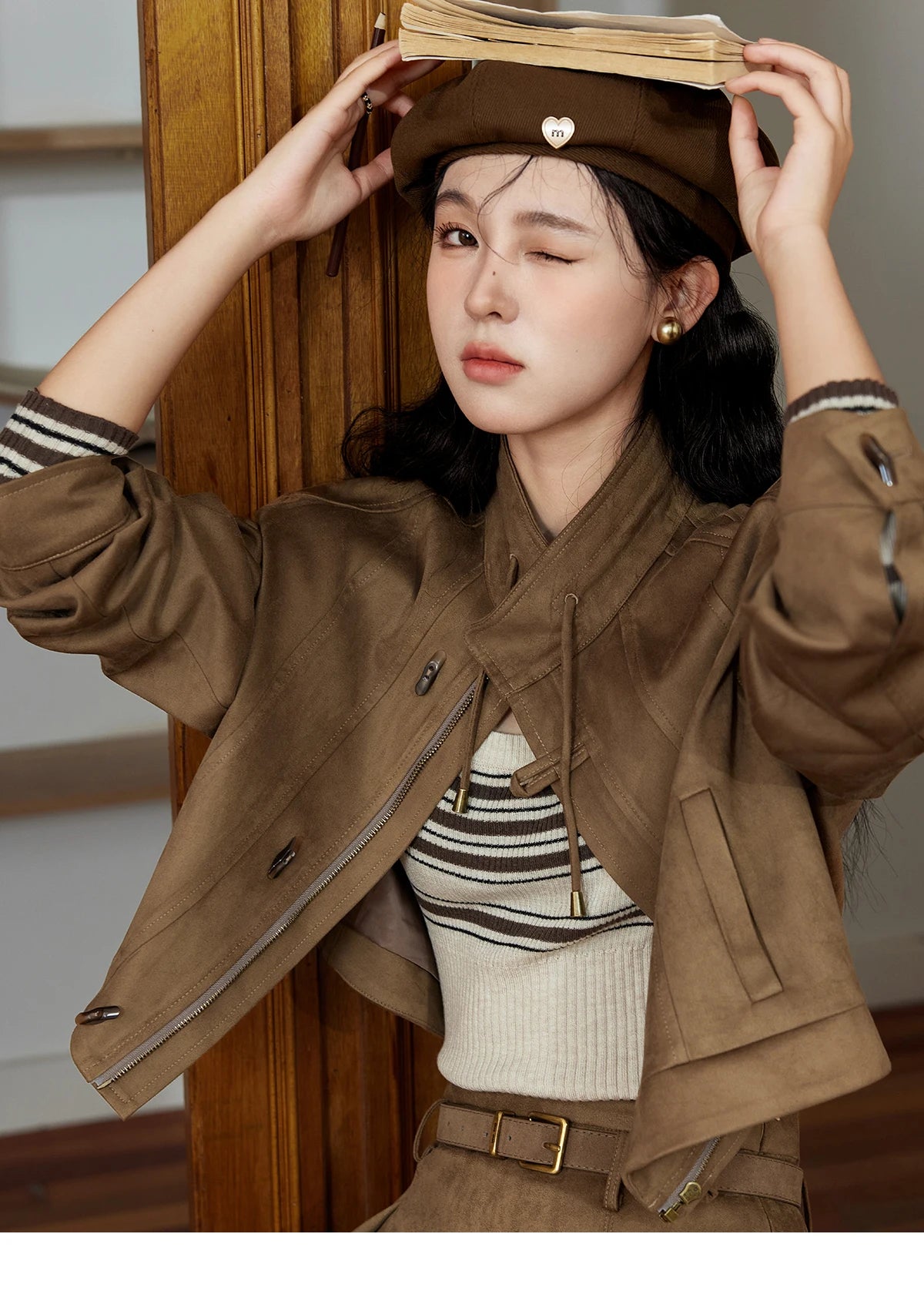 Mishow Retro Suede Stand Collar Jacket & Pleated Skirt Set MXD44W0423