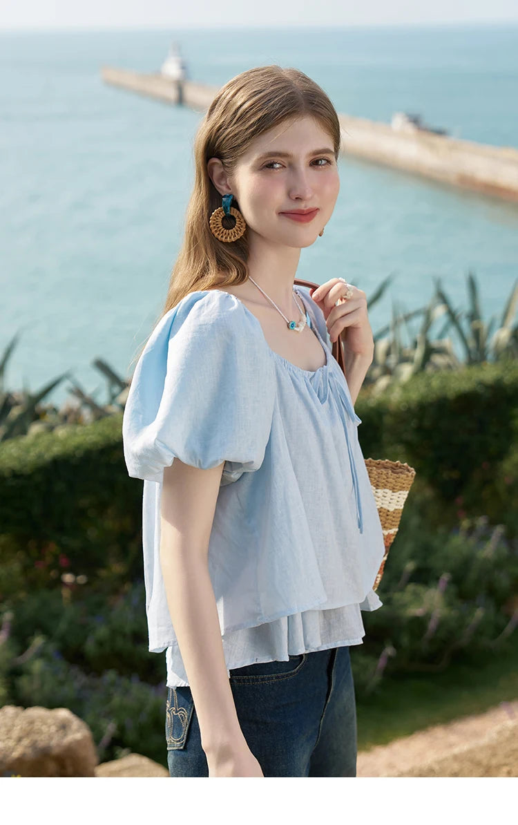 MISHOW Square Neck Blouse Tied Lantern Sleeve Double Layered Hem MXD26X1551