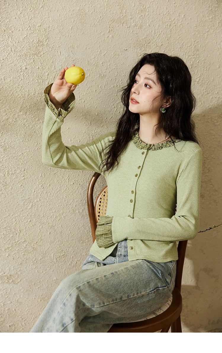 Mishow Green Plaid Lotus Leaf Sleeve Tee MXE14Z1152
