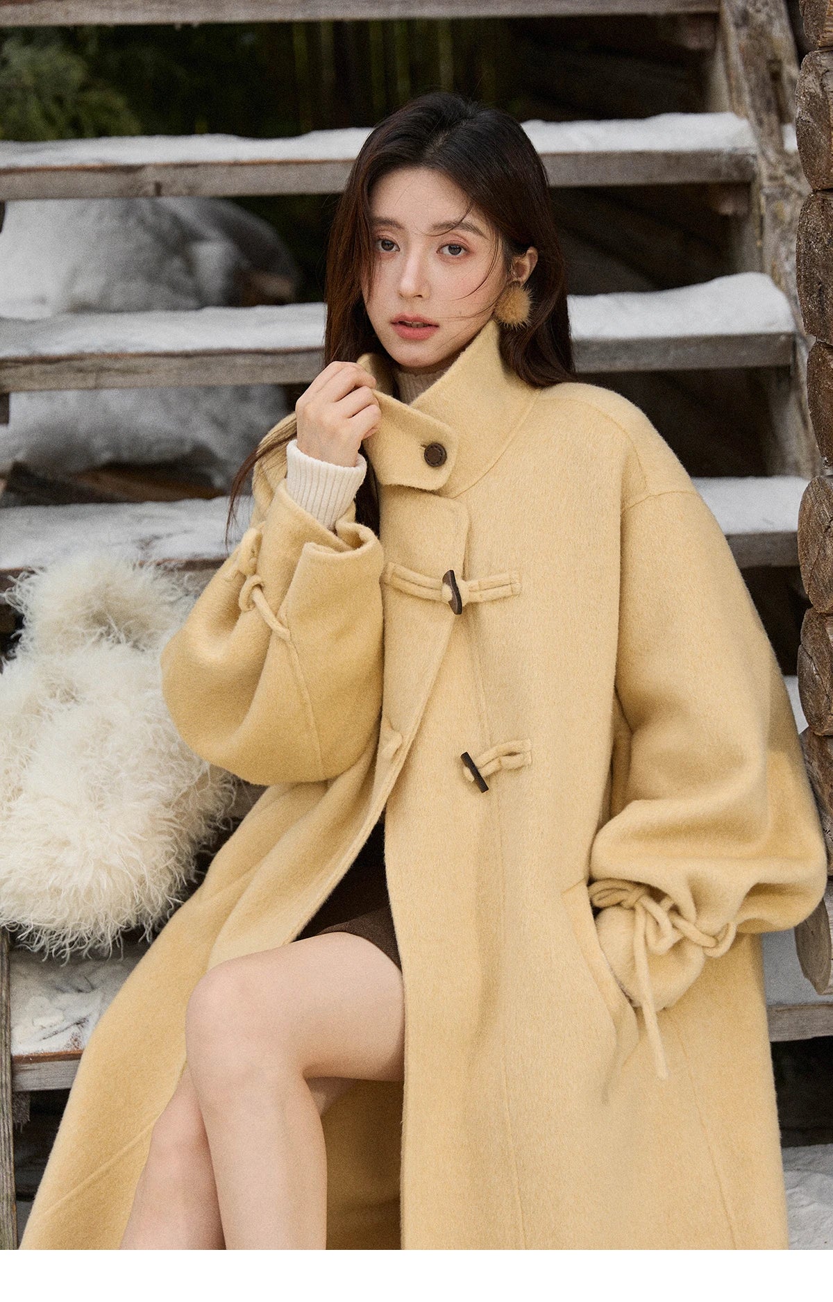 Mishow Yellow 100% Wool Double-Faced Turtleneck Coat MXE51W0902