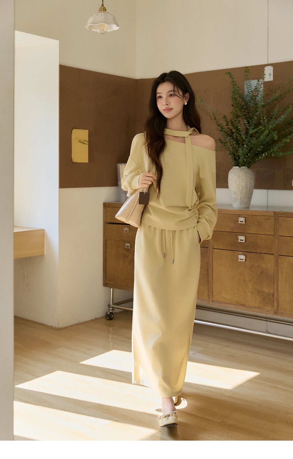 Mishow Light Yellow Off-Shoulder Top & Rear Fork Midi Skirt Set MXE11T1489