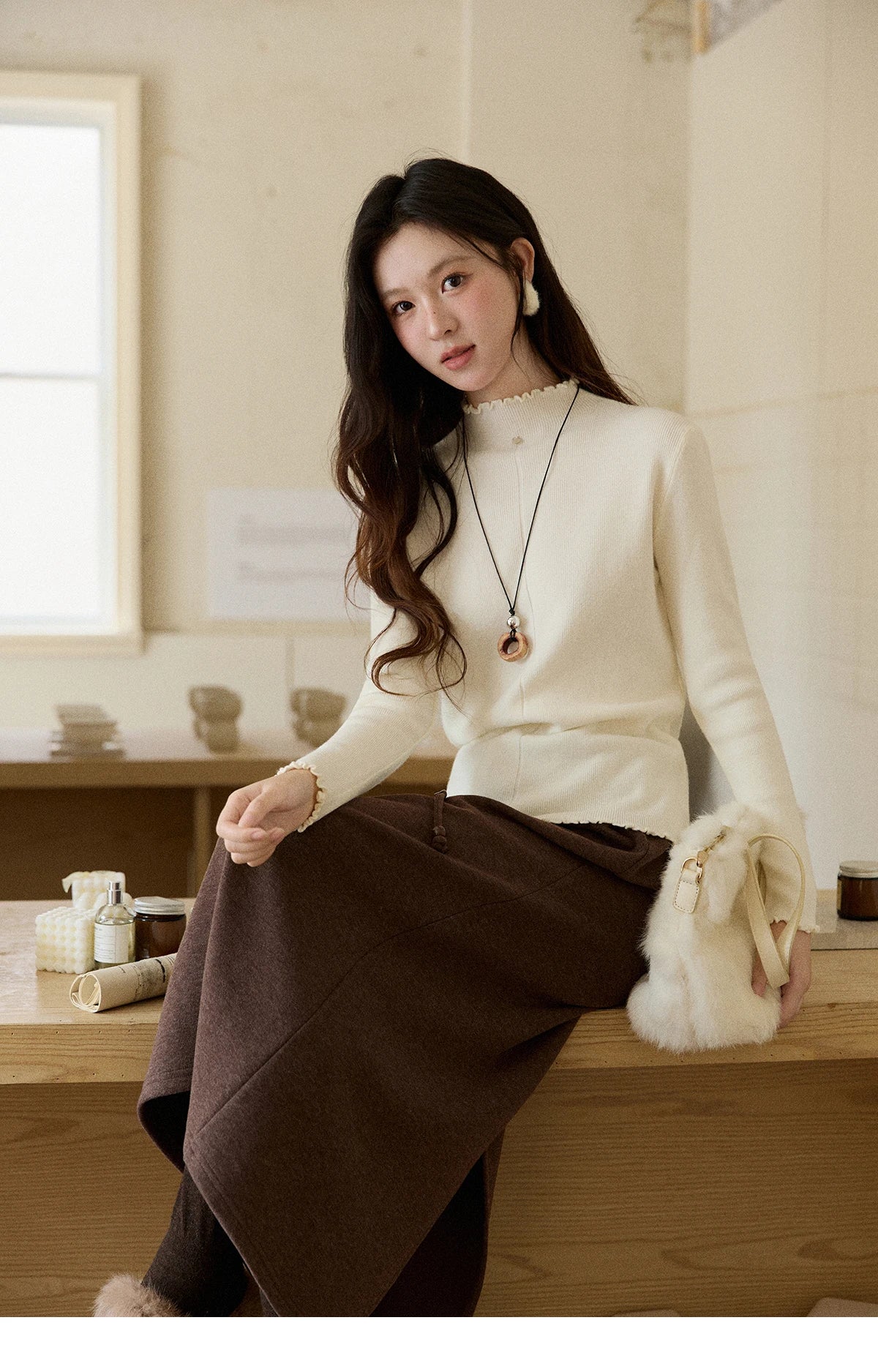Mishow Ruffled Turtleneck Slim Knit Top MXE91Z2826
